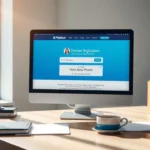 Un bureau moderne avec un ordinateur affichant un site de registre de domaine.