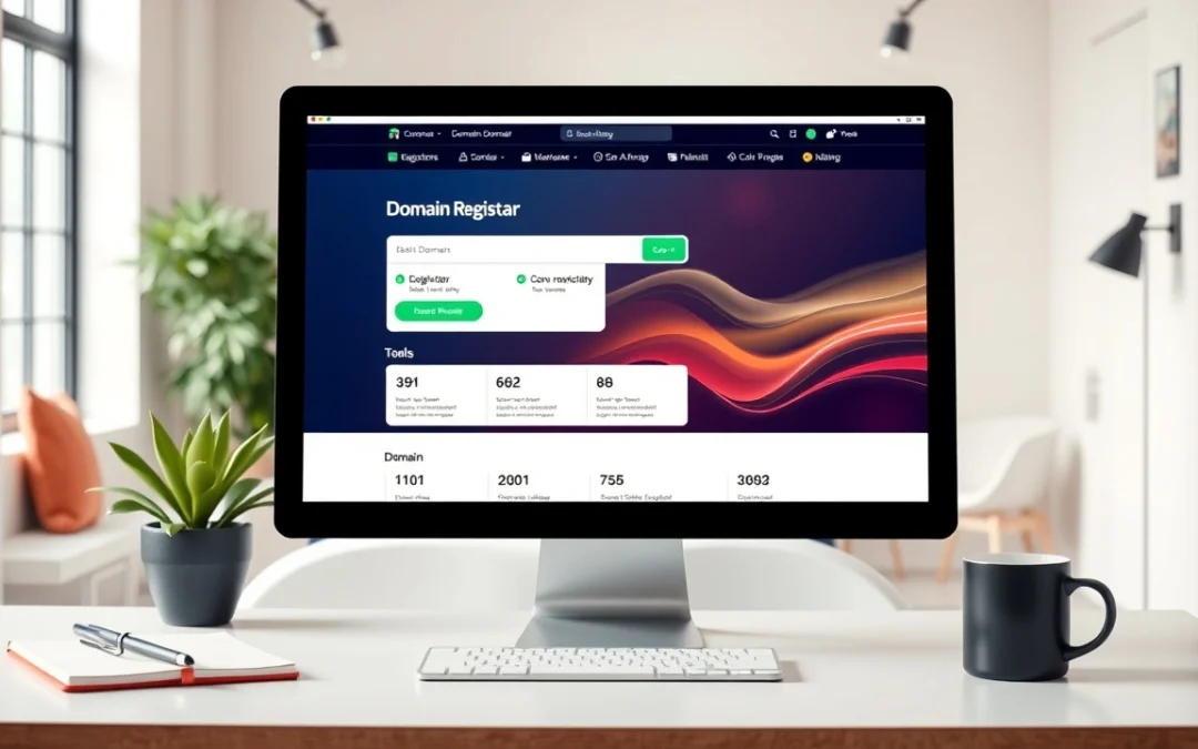 Un bureau moderne avec un ordinateur affichant un site de registraire de domaine.