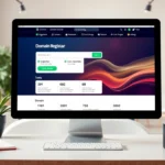 Un bureau moderne avec un ordinateur affichant un site de registraire de domaine.