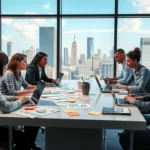 Un bureau moderne avec des professionnels analysant des tendances émergentes.