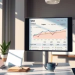 Un bureau moderne avec un écran affichant une stratégie SEO, des graphiques et des analyses.