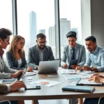 Un bureau moderne où des professionnels discutent de stratégies d'investissement de noms de domaine.