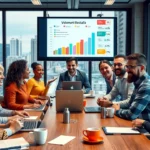 Un environnement de bureau moderne avec des professionnels discutant de choix de noms de domaine.