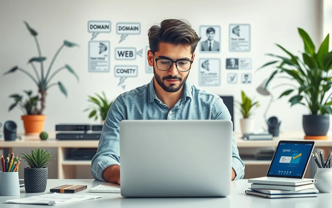 Une personne travaillant sur le choix d'un nom de domaine dans un bureau moderne.