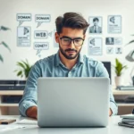 Une personne travaillant sur le choix d'un nom de domaine dans un bureau moderne.