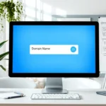 Une image illustrant un espace de travail moderne avec un écran d'ordinateur affichant des outils de recherche de nom de domaine.