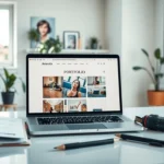Espace de travail moderne montrant un ordinateur avec un portfolio en ligne attractif.