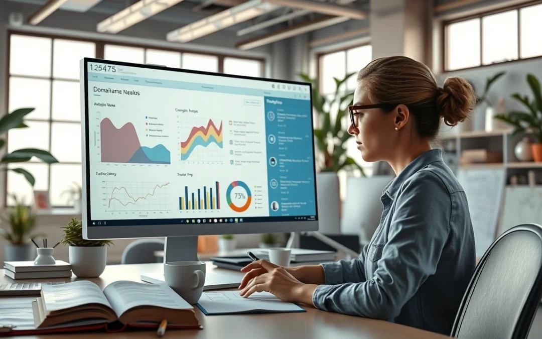 Un espace de travail moderne pour la revente de noms de domaine, avec des tableaux analytiques et une personne en train de travailler.