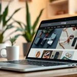 Une illustration d'un mini-site dédié à une niche spécifique sur un ordinateur portable dans un bureau élégant.