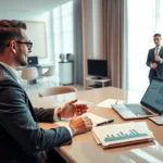 Une image d'une personne discutant de la vente d'un nom de domaine dans un bureau moderne.