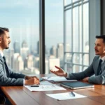 Une scène de négociation professionnelle sur la revente de noms de domaine.