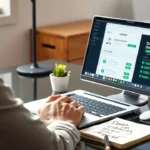 Une personne travaillant sur un ordinateur portable, recherchant des noms de domaine.