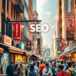 Une rue animée avec un marché local et des entreprises qui montrent la connexion avec le public.