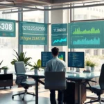 Un bureau moderne avec un professionnel utilisant un ordinateur pour l'évaluation de noms de domaine en temps réel.