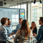 Une scène de bureau moderne avec des professionnels discutant de la revente de noms de domaine.