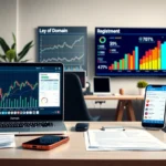 Un bureau moderne avec des outils de gestion de nom de domaine et un éclairage naturel.