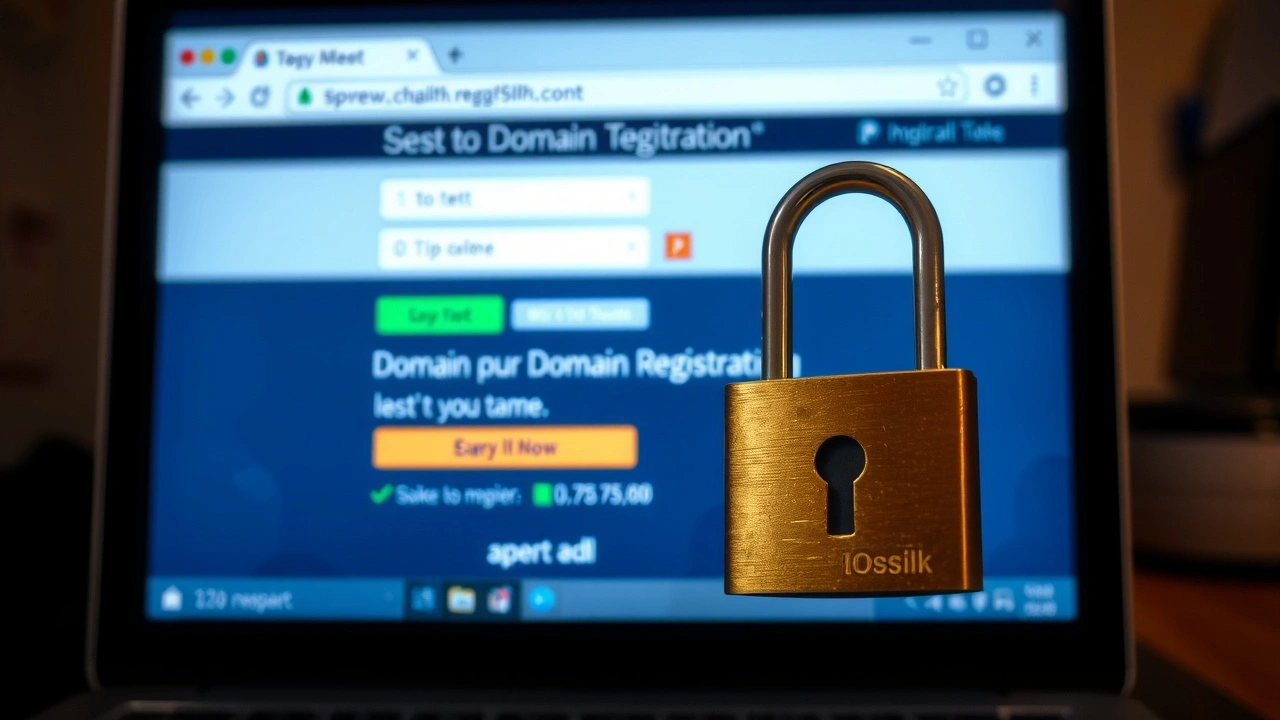 un cadenas verrouillé sur un ordinateur affichant une page de réservation de domaine