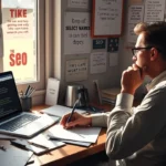 Une personne à un bureau réfléchissant à des noms de domaine