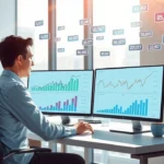 Une illustration d'un professionnel analysant des tendances de revente de noms de domaine dans un bureau moderne.