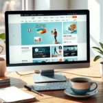 Illustration d'un développement de site de niche avec un écran d'ordinateur et un espace de travail.