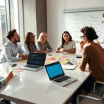 Une image illustrant une session de brainstorming avec des professionnels autour d'une table discutant des éléments psychologiques pour choisir un nom de domaine.