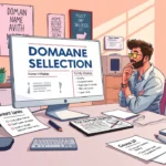 Illustration d'un espace de travail moderne avec un ordinateur et des notes sur la sélection de noms de domaine.