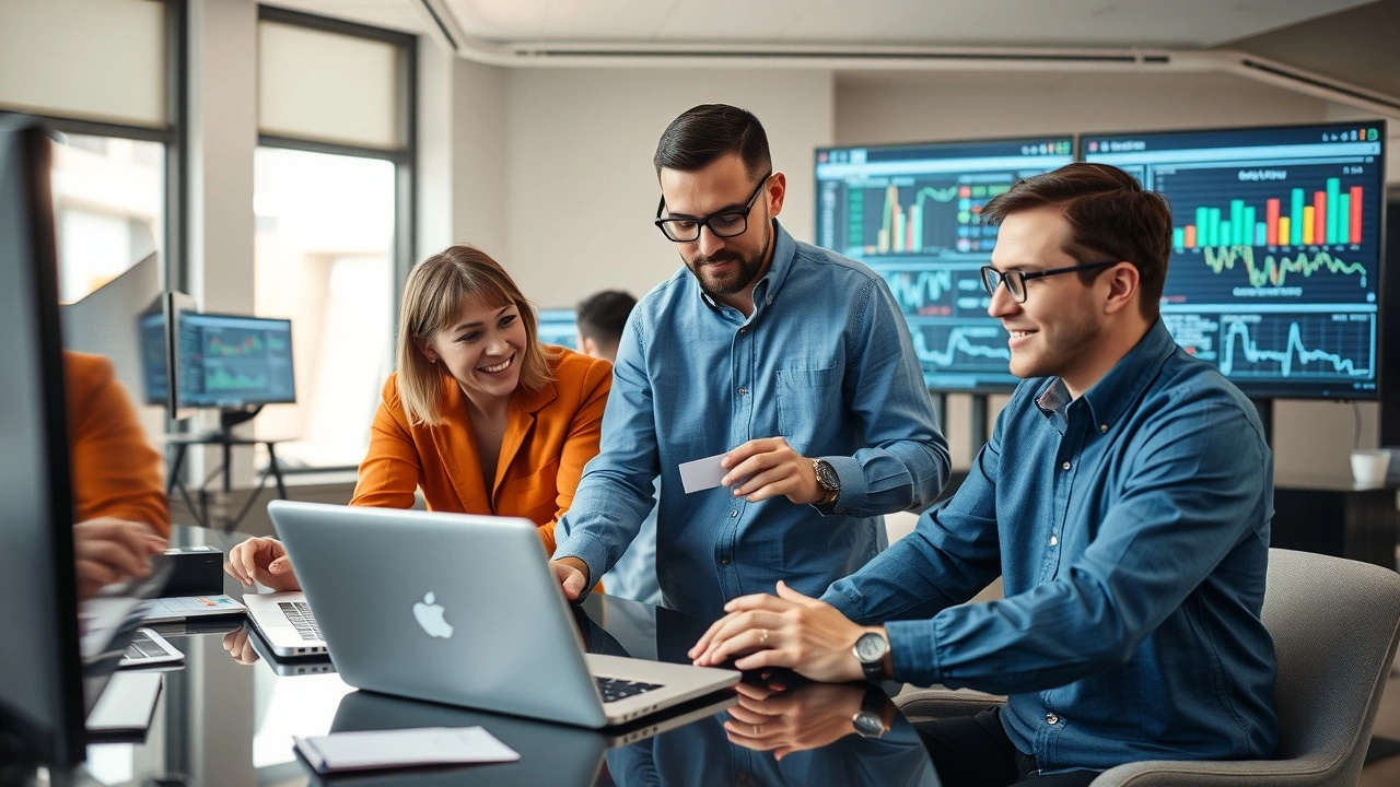 groupe de personnes evaluant des noms de domaine sur un ordinateur