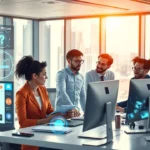 Une image illustrant un environnement de bureau moderne où des professionnels analysent des noms de domaine avec des ordinateurs high-tech.