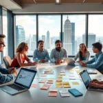 Une scène de réunion sur l'optimisation de choix de nom de domaine.