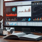 Une scène montrant un bureau avec des outils d'analyse de données pour évaluer un nom de domaine.