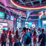 Scène futuriste montrant un groupe divers engagé avec une plateforme de contenu interactif.