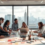 Une scène de travail créatif montrant des professionnels réfléchissant à des stratégies de noms de domaine.