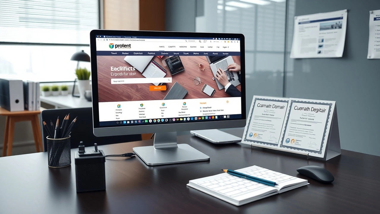 bureau avec ordinateur et certificats de noms de domaine