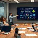 Une scène de bureau moderne où des professionnels discutent de l'évaluation des noms de domaine.