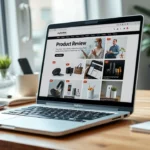 Un bureau moderne avec un ordinateur portable affichant un site de critiques de produits.
