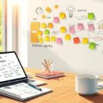 Bureau moderne avec outils de brainstorming pour noms de domaine