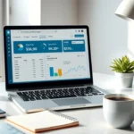 Une image réaliste d'un bureau numérique avec une analyse de site Web et des métriques SEO.