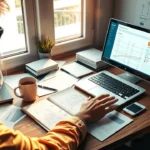 Une scène de bureau photoréaliste montrant une personne choisissant un nom de domaine, avec des matériaux de marketing numérique et un ordinateur portable.