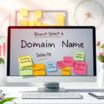 Illustration d'un espace de travail moderne avec des idées de nom de domaine créatives, symbolisant l'équilibre entre créativité et performance SEO.