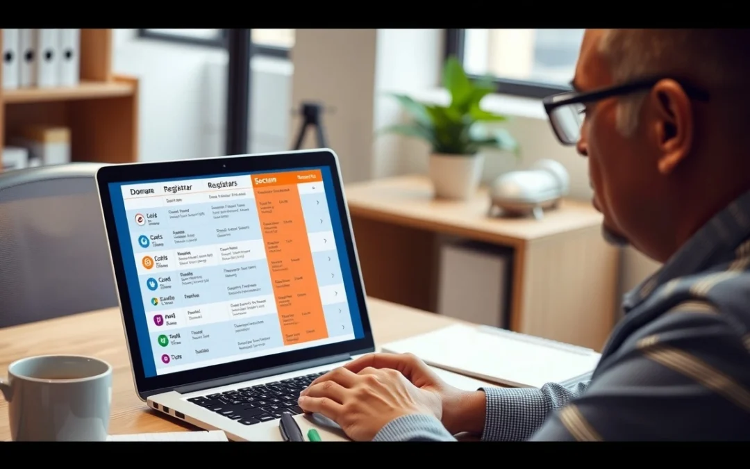Une personne examine des options de registraire sur un ordinateur portable dans un bureau professionnel.