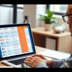 Une personne examine des options de registraire sur un ordinateur portable dans un bureau professionnel.