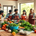 Scène de cuisine collaborative avec des ingrédients frais et un groupe de personnes cuisinant ensemble.