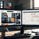 Une scène montrant un écran d'ordinateur avec un site web de niche, du contenu varié et des données analytiques.