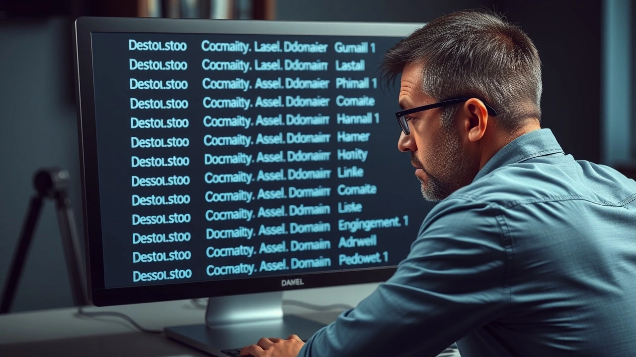 person frustré devant un écran d'ordinateur avec des noms de domaine