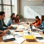 Une illustration d'un espace de travail collaboratif où des individus échangent des connaissances.