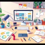 Une illustration montrant un espace de travail créatif transformant une idée en projet de site web interactif.