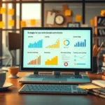 Une image illustrant un espace de travail moderne avec un ordinateur et des éléments de marketing de domaine.