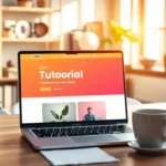 Espace de travail moderne avec un ordinateur portable et un site de tutoriels en ligne.