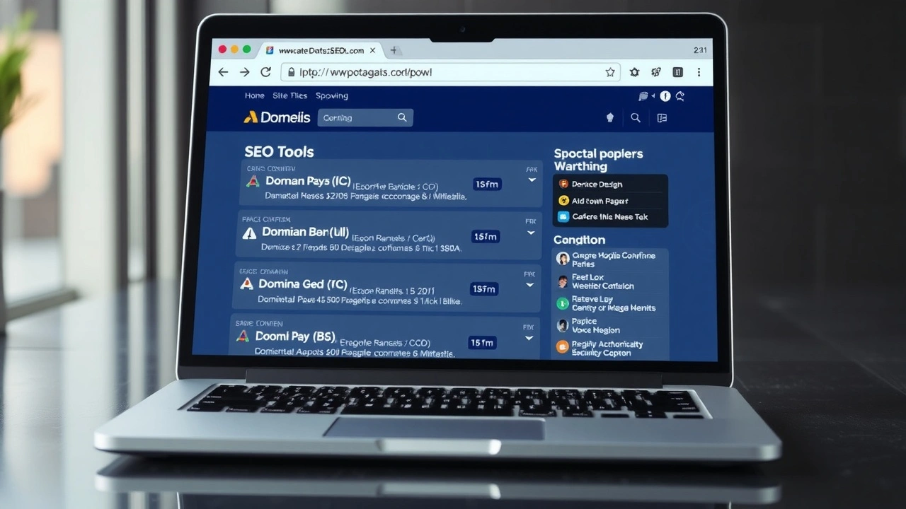 ordinateur portable avec outils de SEO et noms de domaine