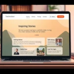 Une illustration d'un site web de témoignages inspirants sur un ordinateur portable moderne dans un environnement de travail accueillant.